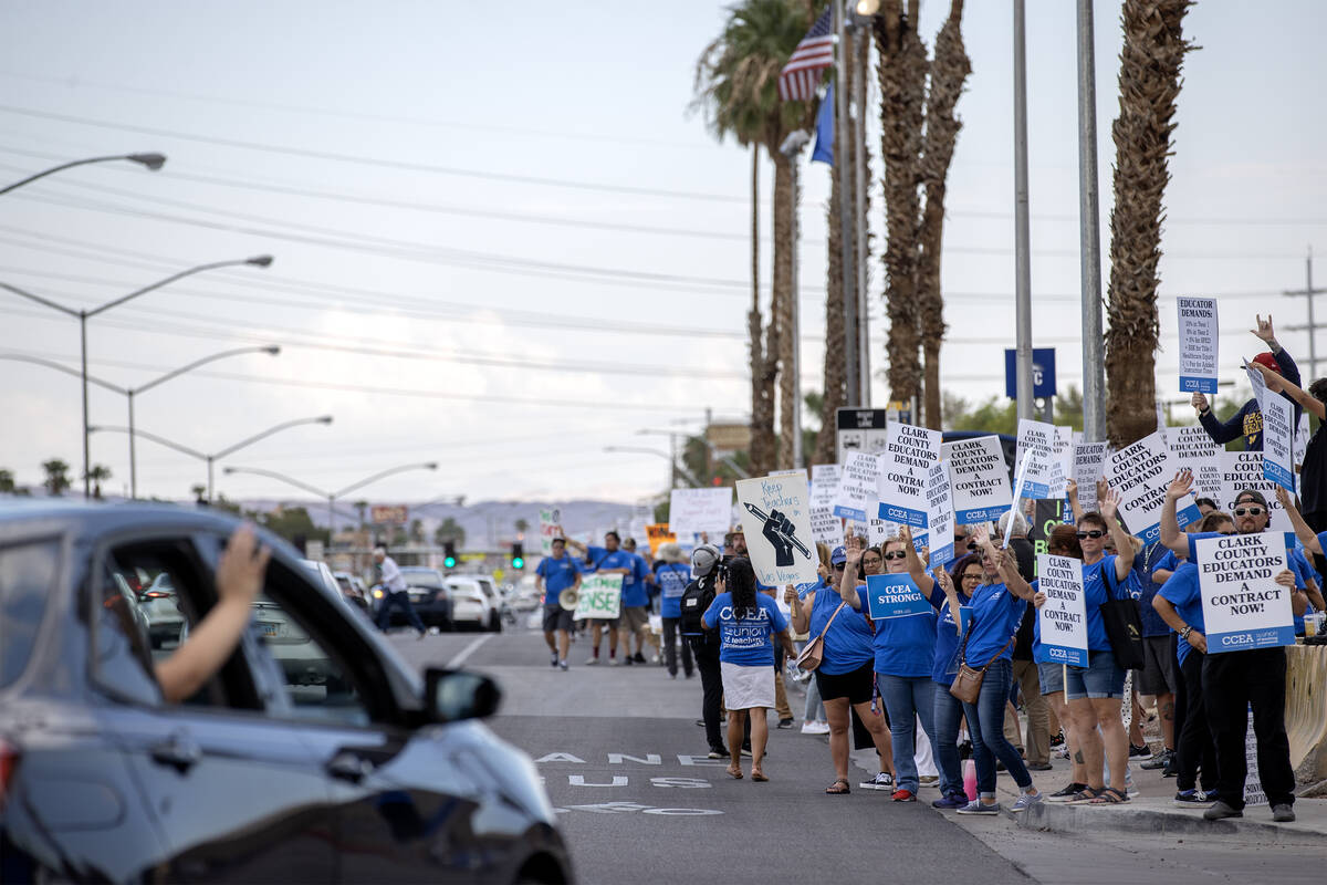 Clark County Education Association teachers union members protest outside CCSD’s Greer E ...