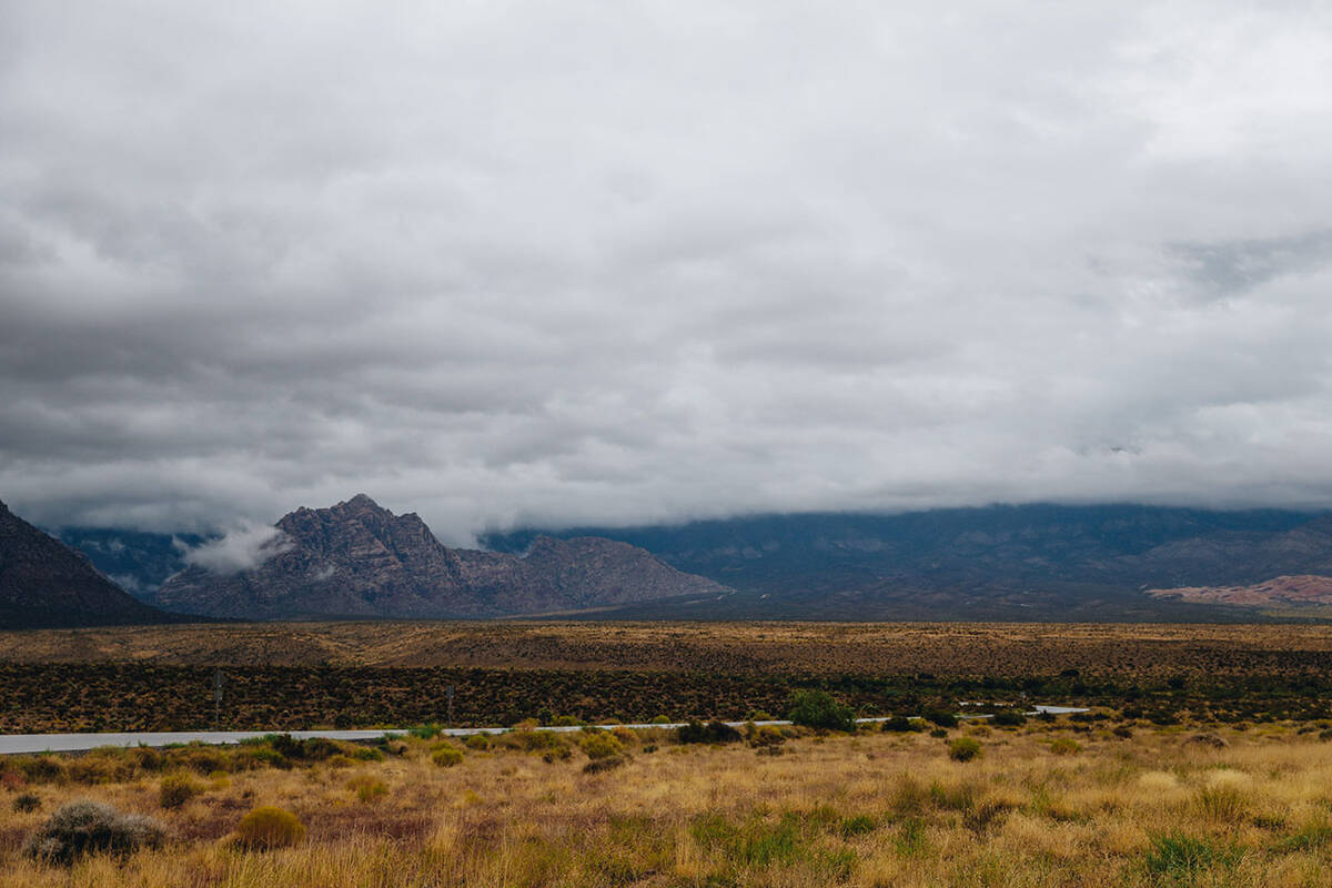 Storms brew in the sky from Hurricane Hilary in the Red Rock National Conservation Area on Sund ...