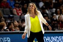 Las Vegas Aces head coach Becky Hammon shouts from the sidelines during the first half of a WNB ...
