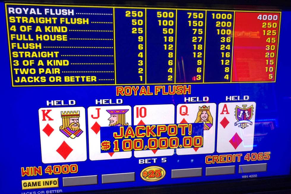 A video poker player left Caesars Palace with $100,000 after hitting a royal flush Friday, Aug. ...