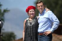 Adam Laxalt and his mother, Michelle, look out over the crowd at the Basque Fry in Gardnerville ...