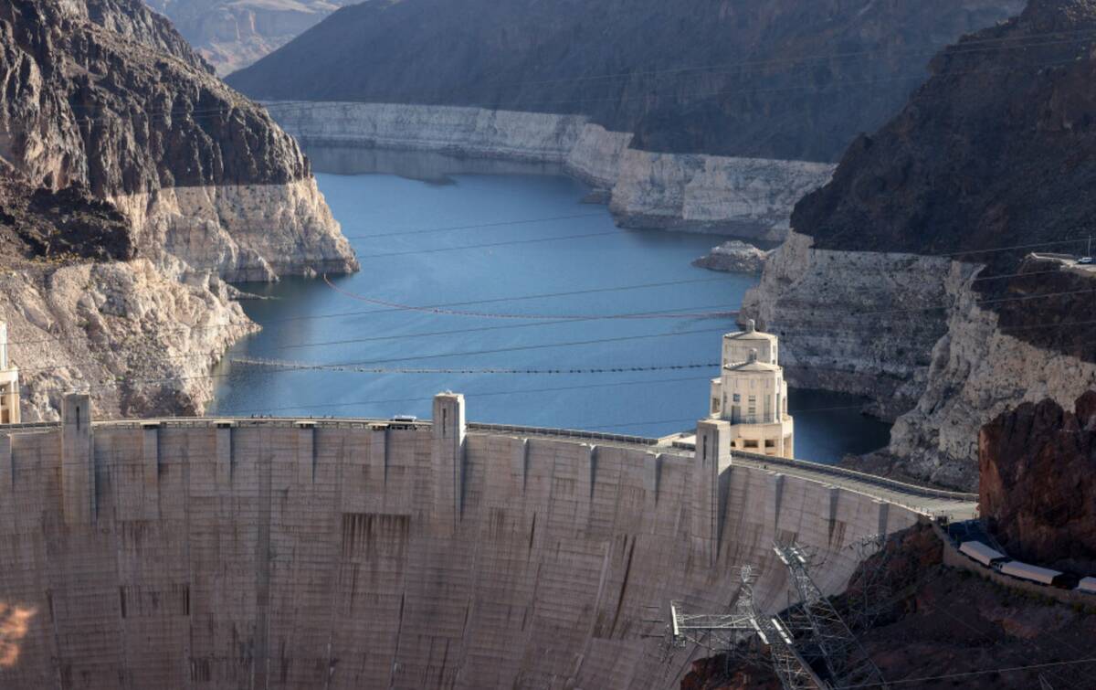 Lake Mead and the “bathtub ring” are shown at Hoover Dam outside of Boulder City Tuesday, A ...