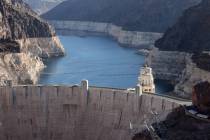 Lake Mead and the “bathtub ring” are shown at Hoover Dam outside Boulder City on April 11, ...