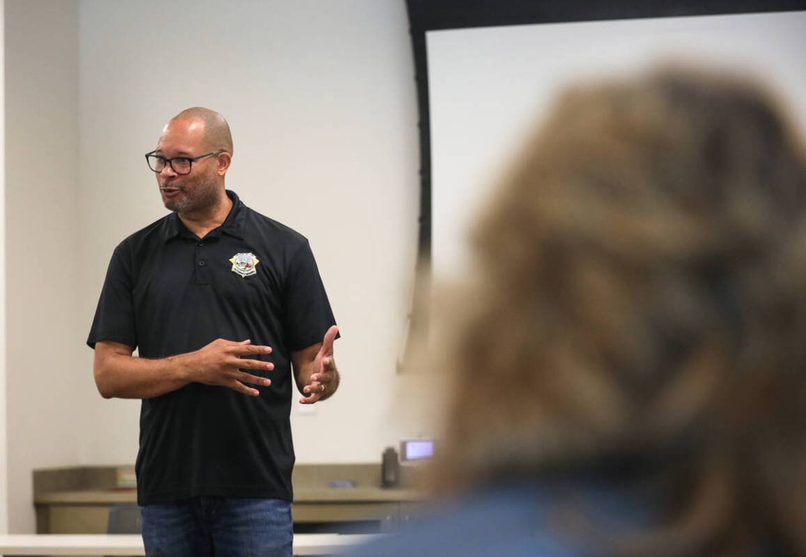 Nevada Attorney General Aaron Ford addresses the public at a listening session intended to gath ...