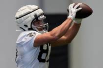 Las Vegas Raiders' Michael Mayer takes part during a practice at NFL football training camp Fri ...