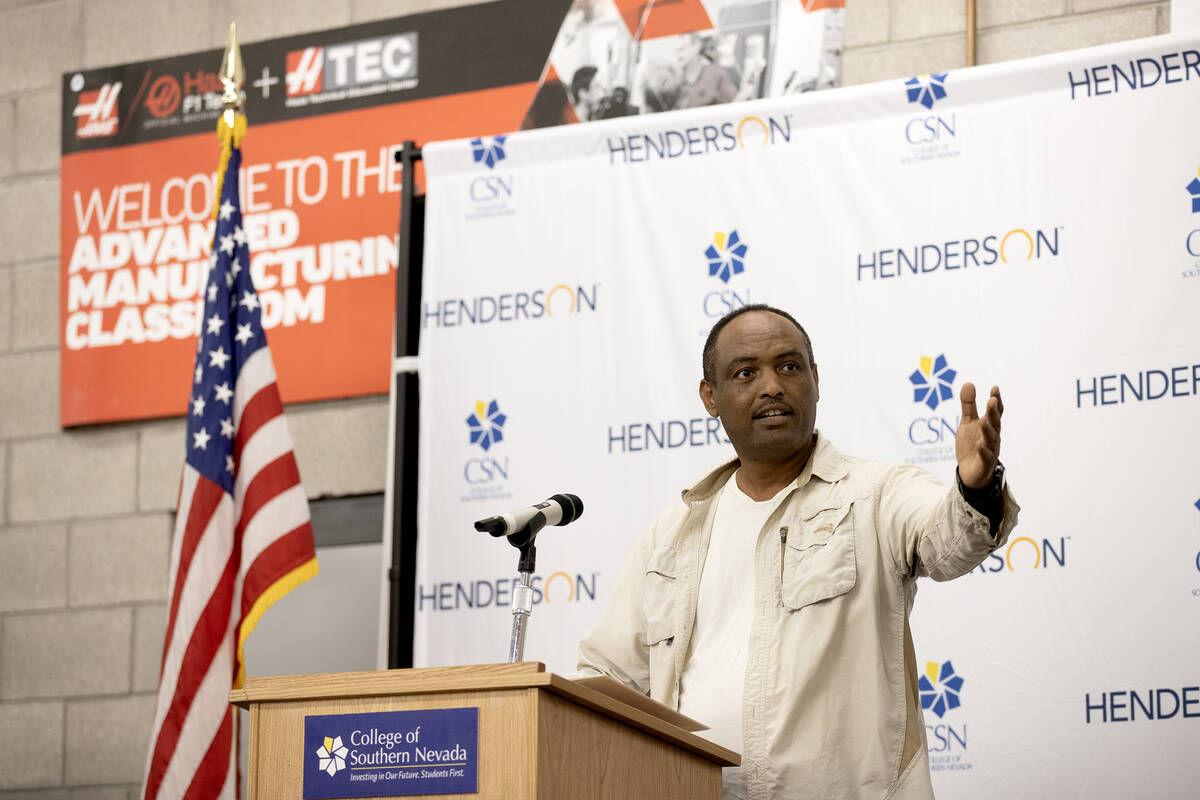 Fasika Abebe, a student at the College of Southern Nevada, speaks during an opening event for t ...