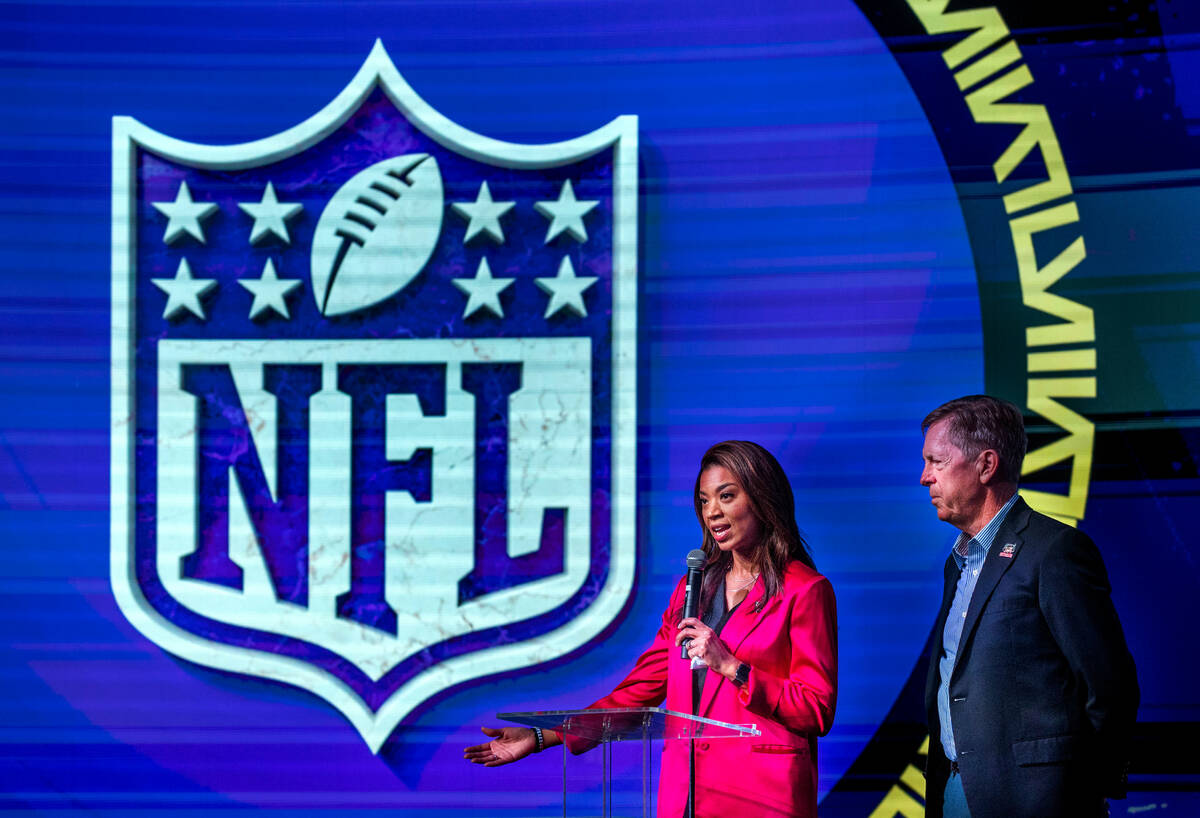 Raiders President Sandra Douglass Morgan and NFL Executive Vice President Peter O’Reilly ...