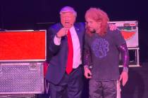 John Di Domenico as Donald Trump is shown with Carrot Top at Luxor's Atrium Showroom on Monday, ...