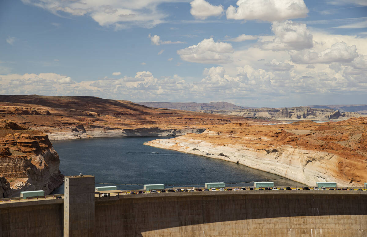 A view of Lake Powell and the Glen Canyon Dam in the Glen Canyon National Recreation Area on Ju ...