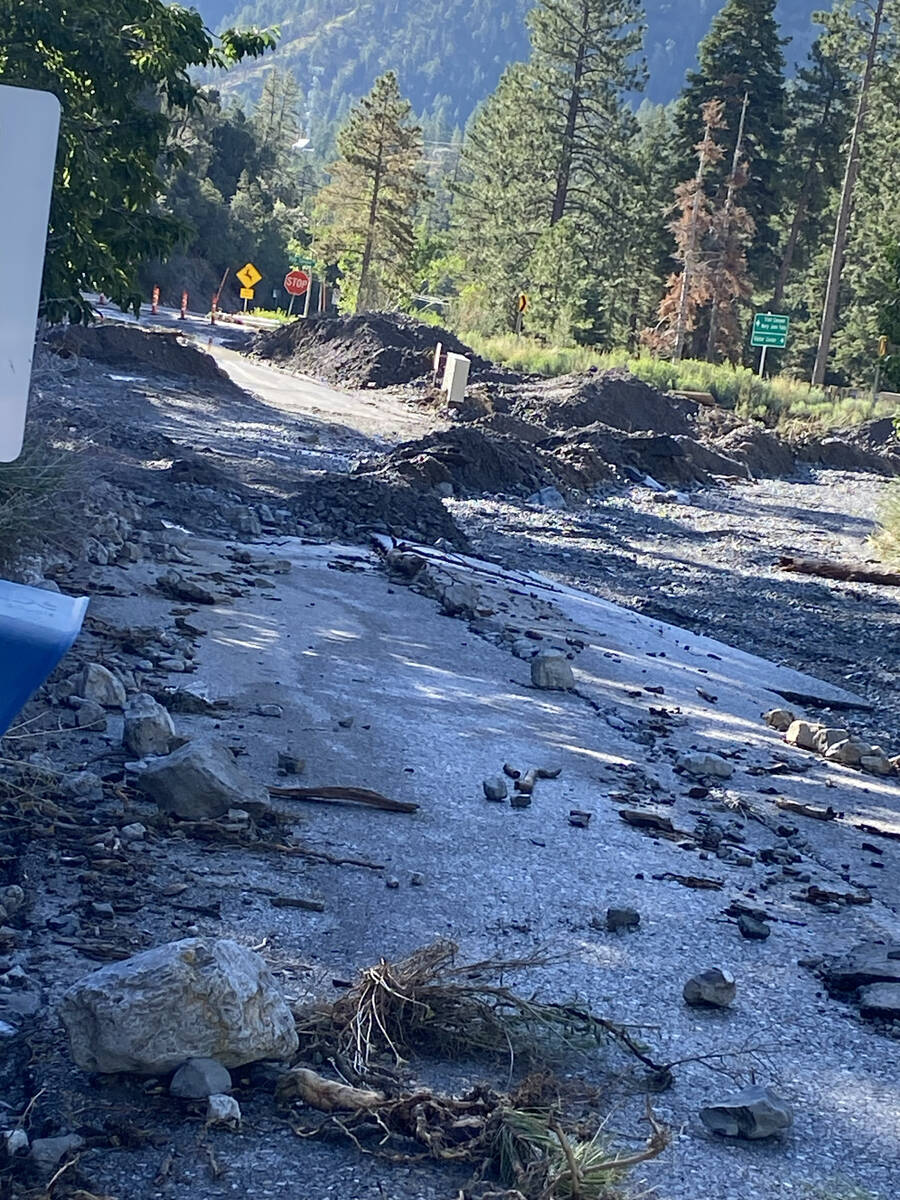 Water flows fast in the Echo subdivision on Mount Charleston on Monday, Aug. 21, 2023. (Brenda ...
