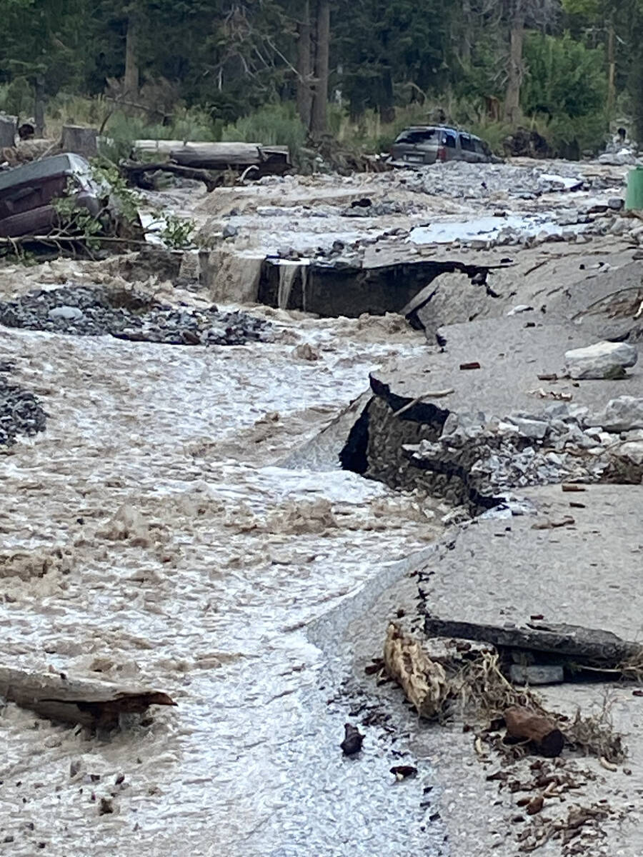 Erosion is apparent as water flows fast at Mount Charleston on Monday, Aug. 21, 2023. (Brenda T ...