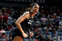 Las Vegas Aces forward A'ja Wilson (22) celebrates after scoring during the second half of a WN ...