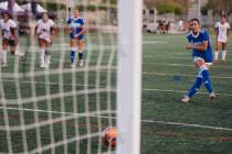 Bishop Gorman’s Stephenie Hackett (10) successfully makes a penalty kick during a game agains ...