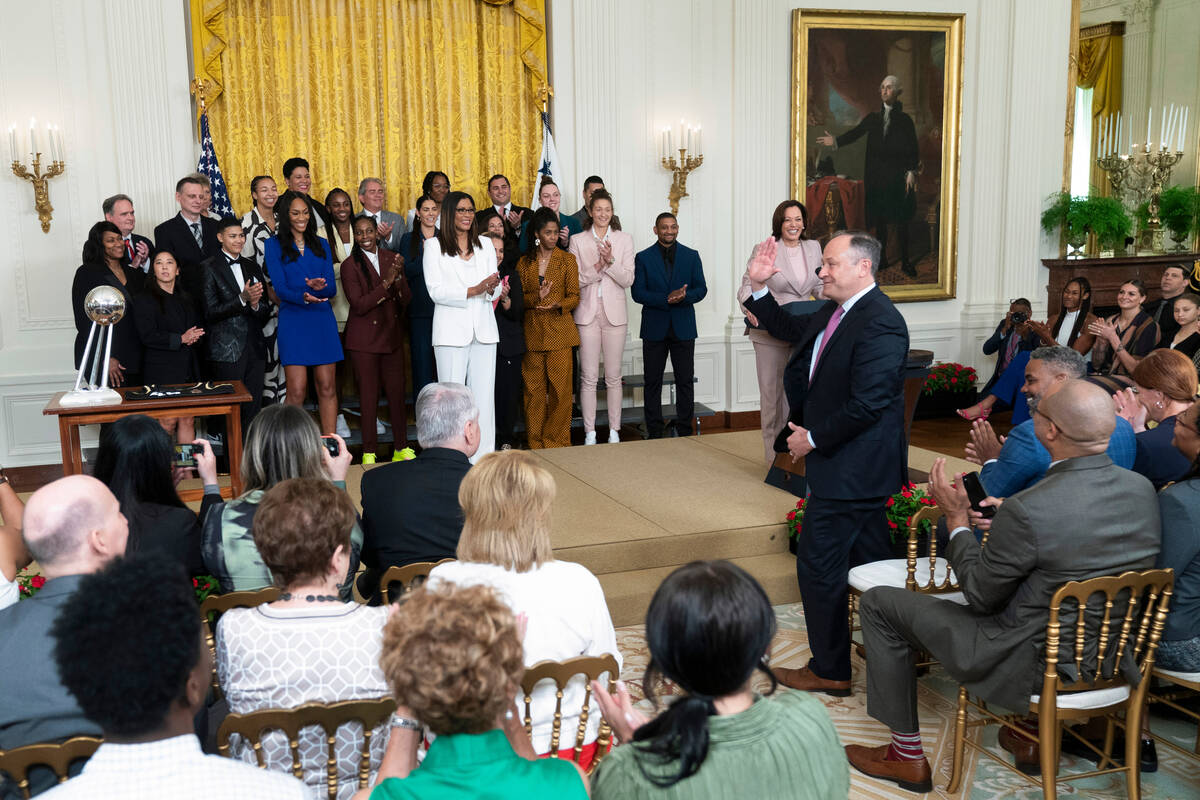 Doug Emhoff acknowledges an introduction from his wife Vice President Kamala Harris during a ce ...