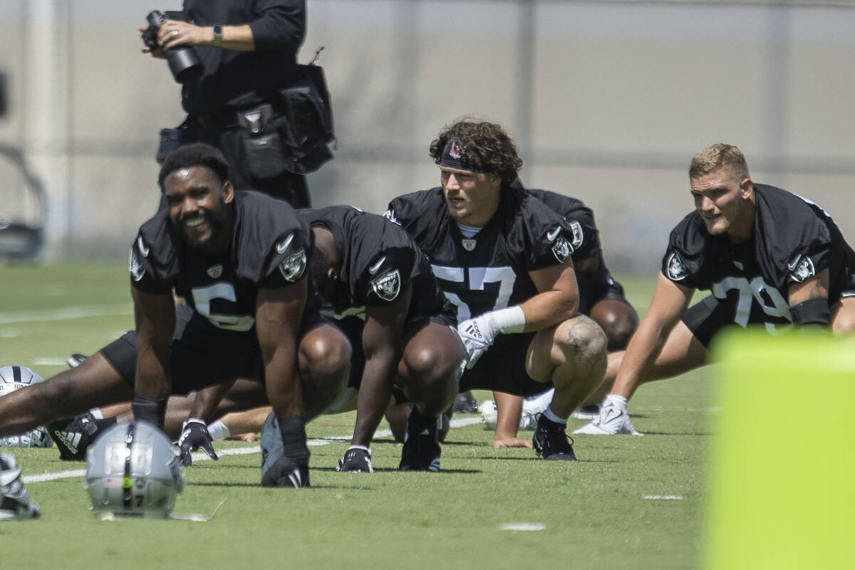 Raiders linebacker Drake Thomas (57) stretches during their mandatory minicamp at the Intermoun ...