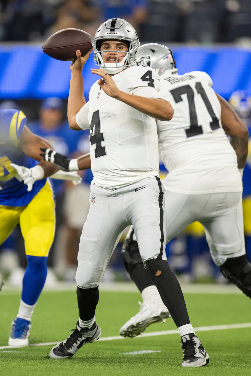 Las Vegas Raiders quarterback Aidan O'Connell (4) throws a pass during an NFL preseason footbal ...