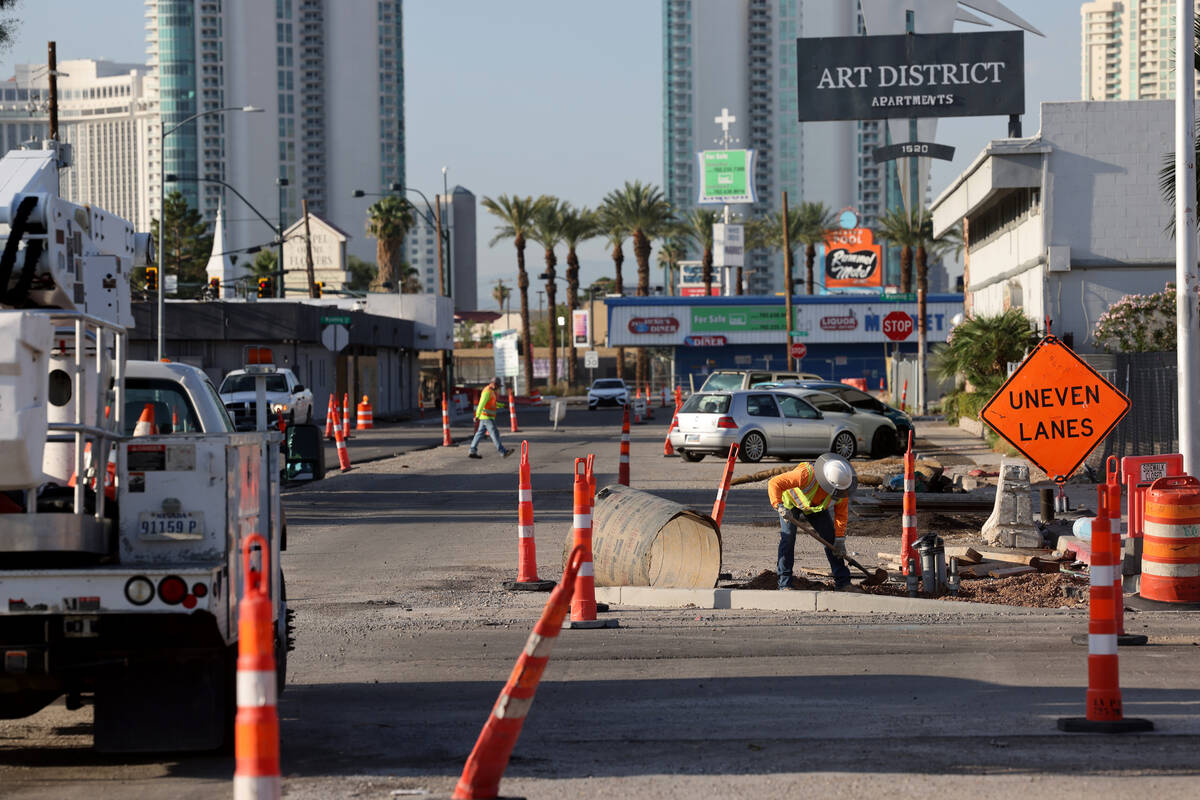 Work continues on Casino Center Boulevard in Las Vegas Friday, Aug. 25, 2023. (K.M. Cannon/Las ...