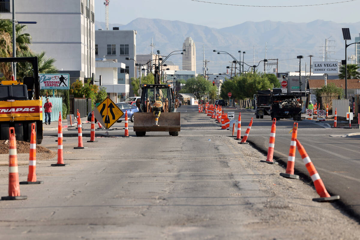 Work continues on Casino Center Boulevard in Las Vegas Friday, Aug. 25, 2023. (K.M. Cannon/Las ...