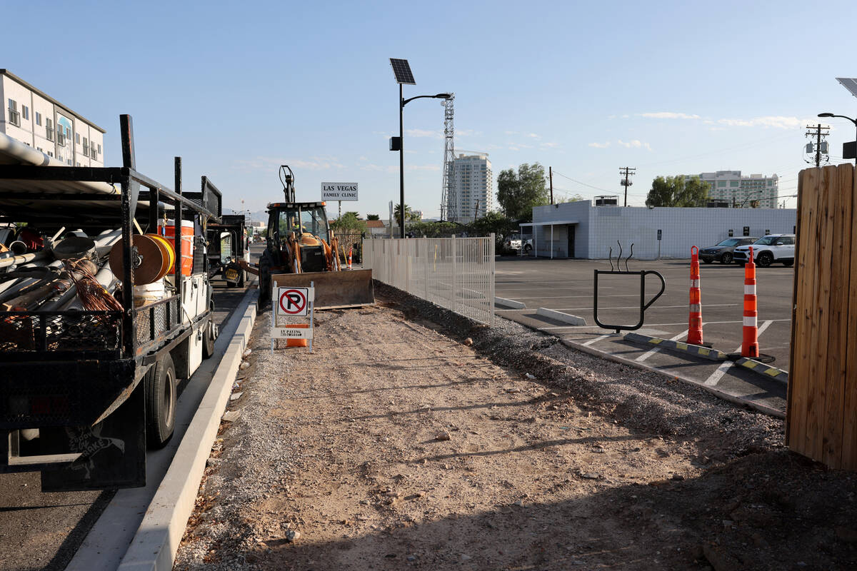 A coffee mug bike rack is seen as work continues on Casino Center Boulevard near Dig It Coffee ...