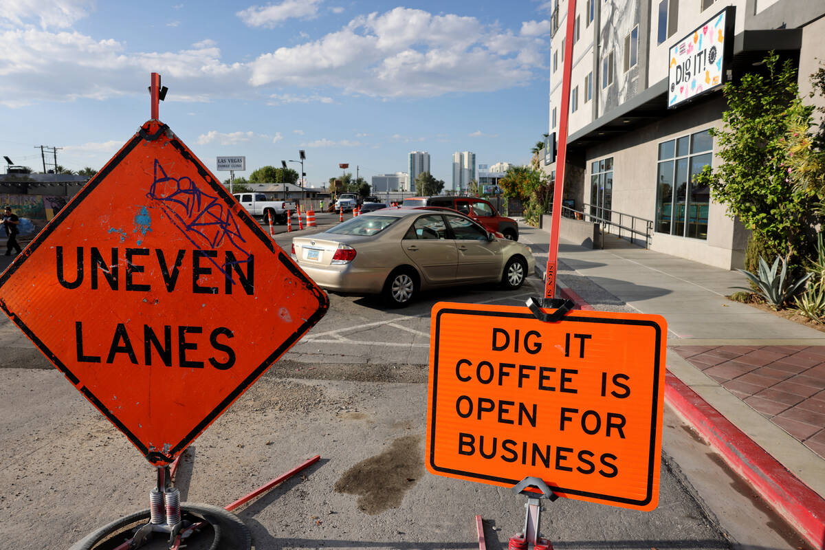 Work continues on Casino Center Boulevard in front of Dig It Coffee Co. in Las Vegas Friday, Au ...