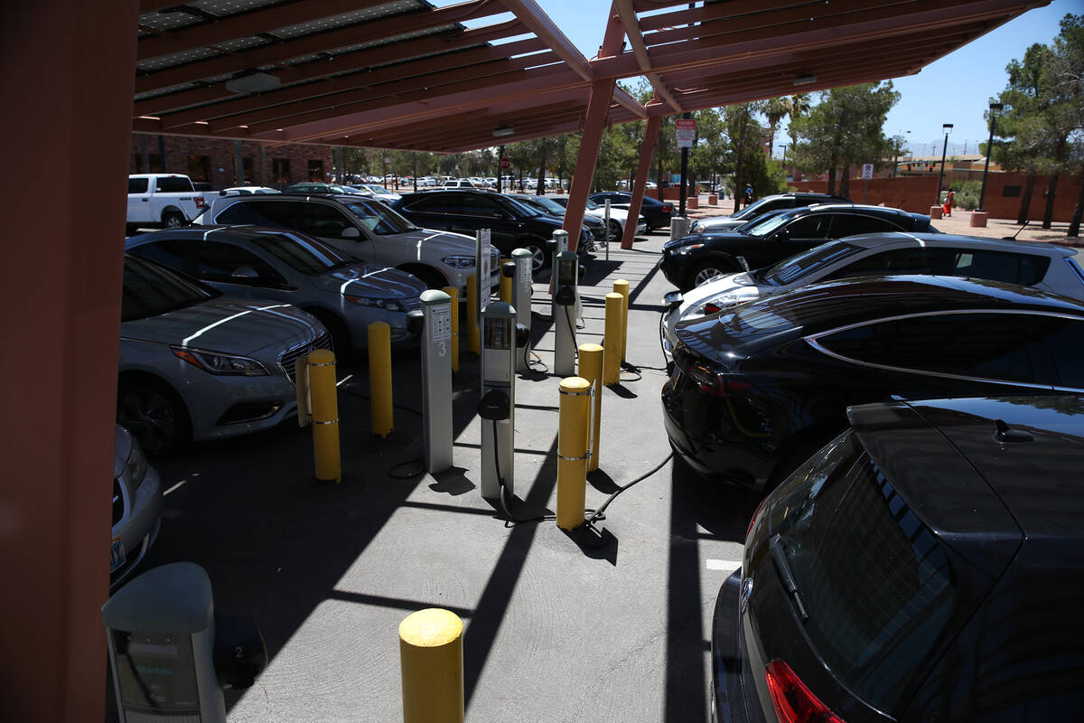 An electric vehicle charging station outside of the Clark County Government Center in Las Vegas ...