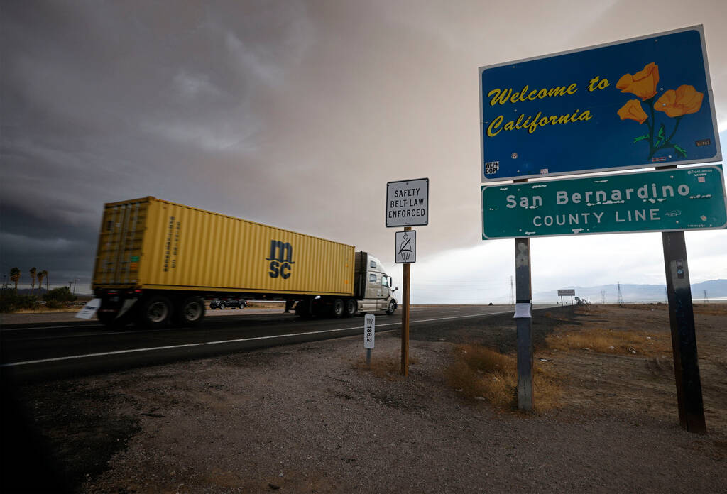 Three lanes are seen on Interstate 15 heading south out of Las Vegas near Primm at the Nevada-C ...