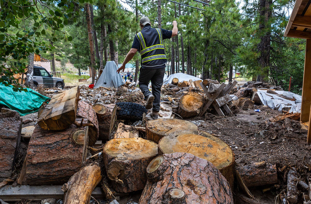 Old Town resident Sean Reeh walks about his wood pile covered in debris on his property after w ...