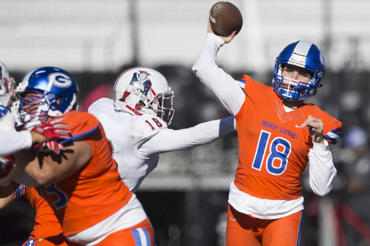 Bishop Gorman's Tate Martell (18) makes a pass for a catch against Liberty in the Class 4A stat ...