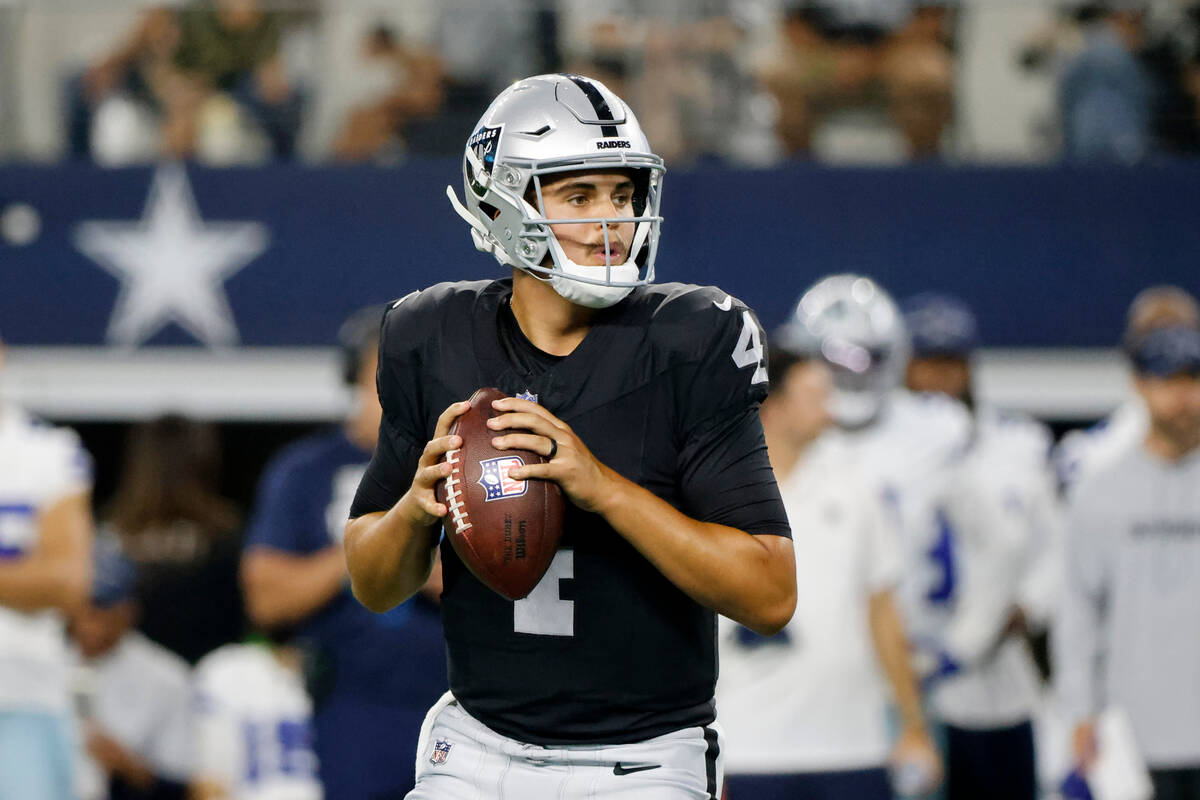 Las Vegas Raiders quarterback Aidan O'Connell (4) prepares to throw a pass in the first half of ...