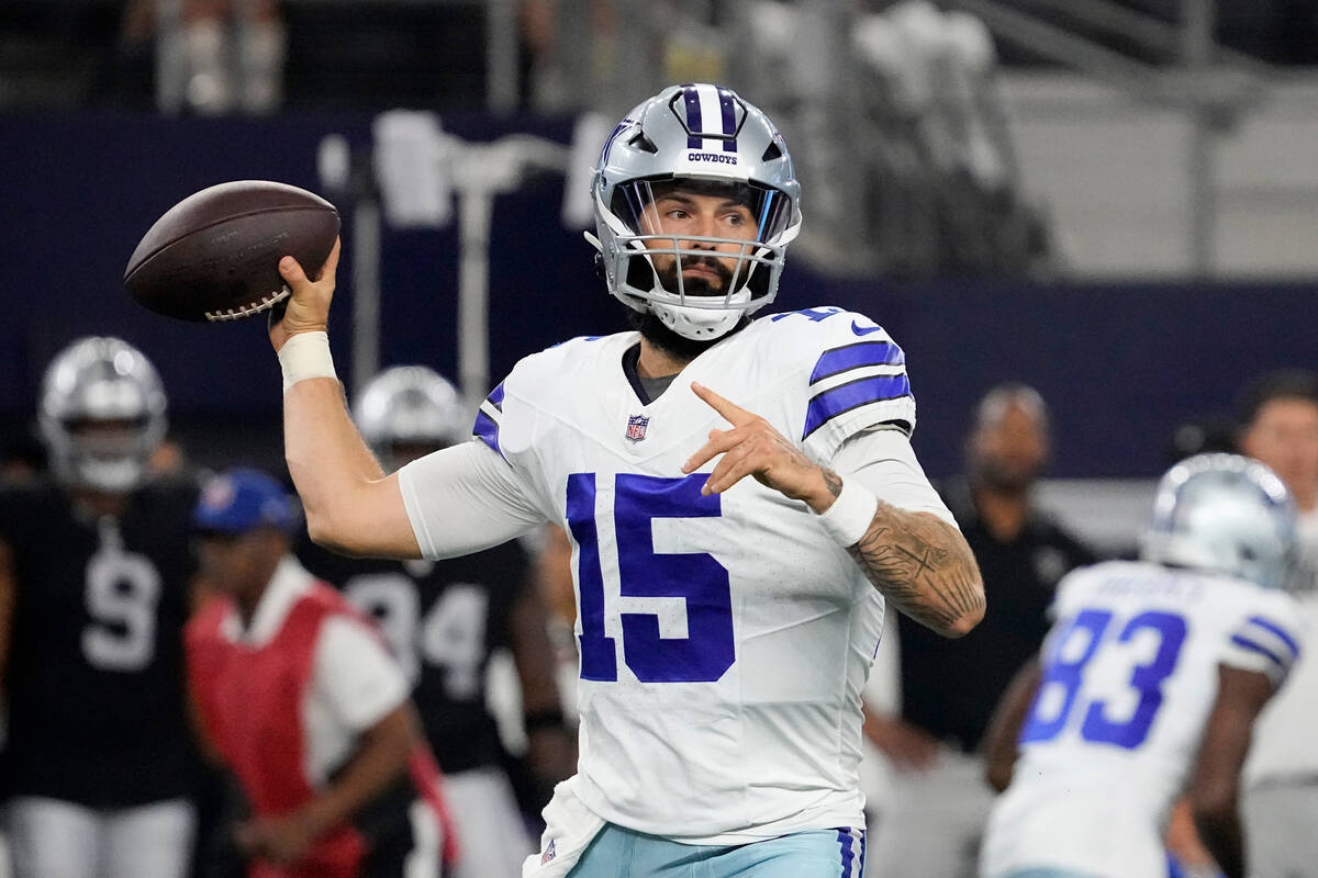 Dallas Cowboys quarterback Will Grier throws a pass in the first half of a preseason NFL footba ...