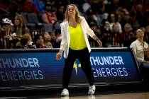 Las Vegas Aces head coach Becky Hammon shouts from the sidelines during the first half of a WNB ...