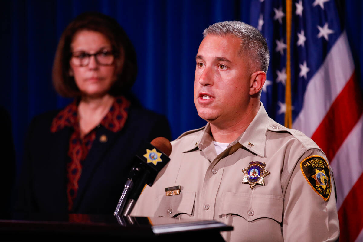Deputy Chief Nick Farese speaks alongside Senator Catherine Cortez Masto, providing information ...
