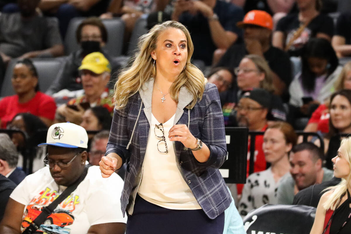 Las Vegas Aces head coach, Becky Hammon, coaches her players during a game on Sunday, June 11, ...