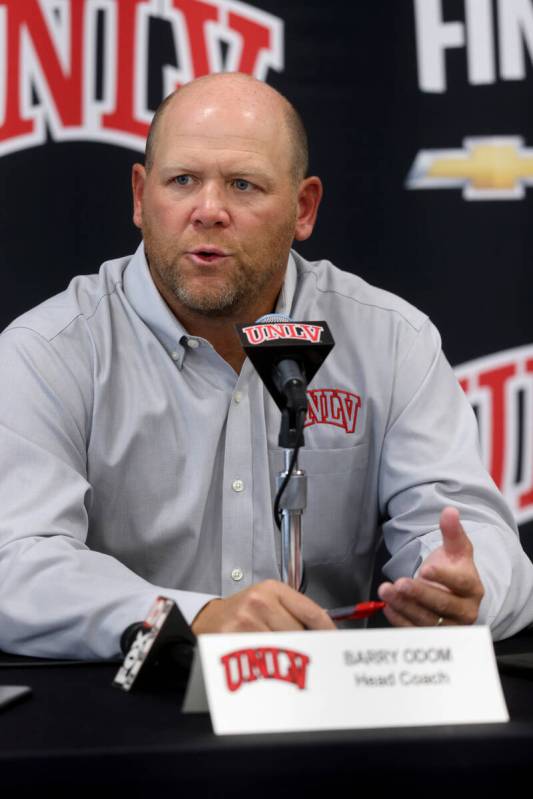 UNLV football coach Barry Odom talks to the news media at the Fertitta Football Complex Monday, ...