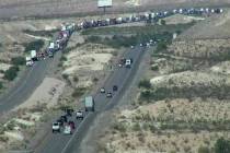 A semi-truck caught fire on Interstate 15 near Valley of Fire Highway on Monday, Aug. 28, 2023. ...