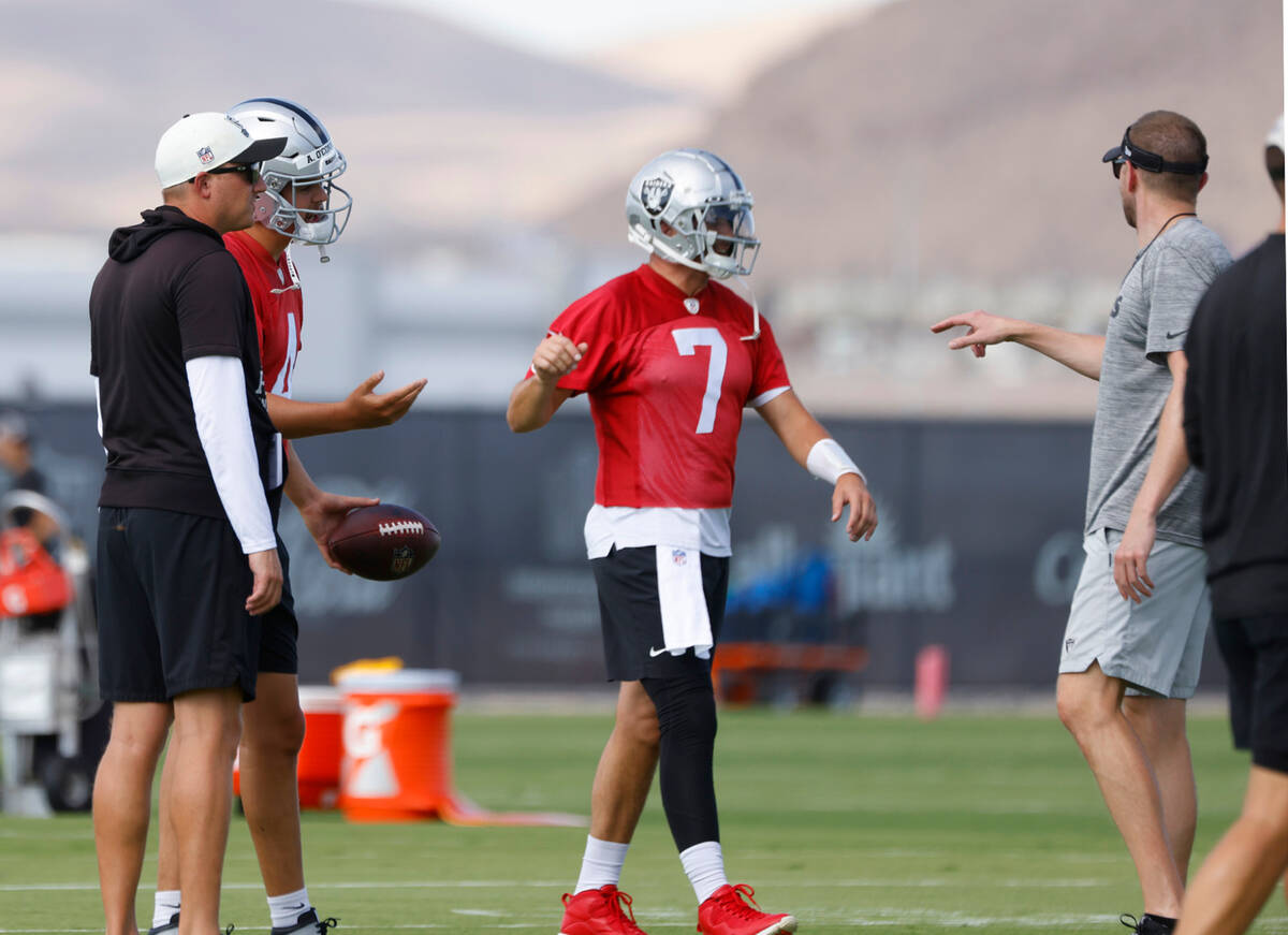 Raiders quarterbacks Brian Hoyer (7) and Aidan O'Connell (4) discuss with their coaches during ...