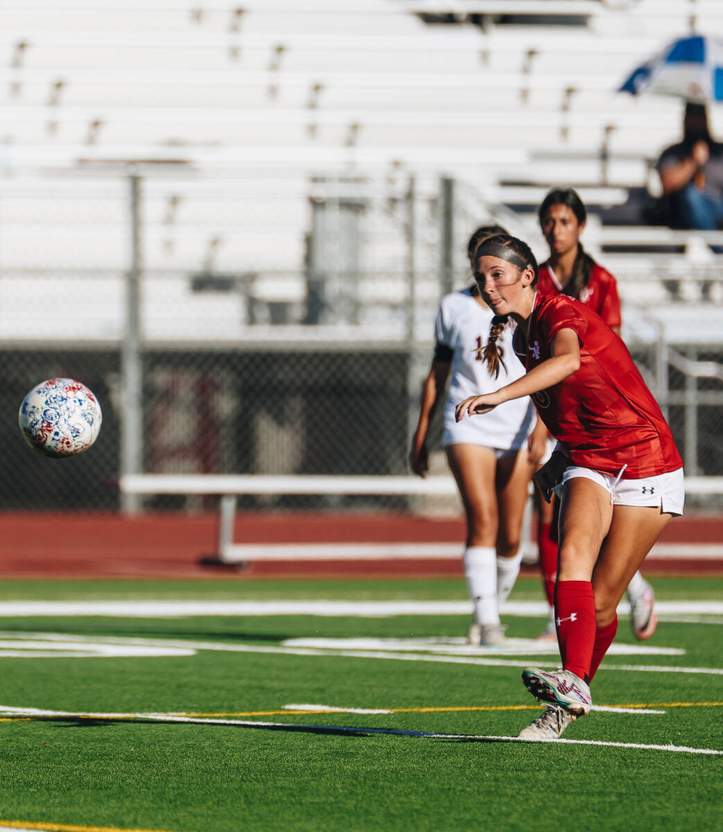 Arbor View player Bailee Little (8) kicks the ball during a game against Cimarron-Memorial at A ...