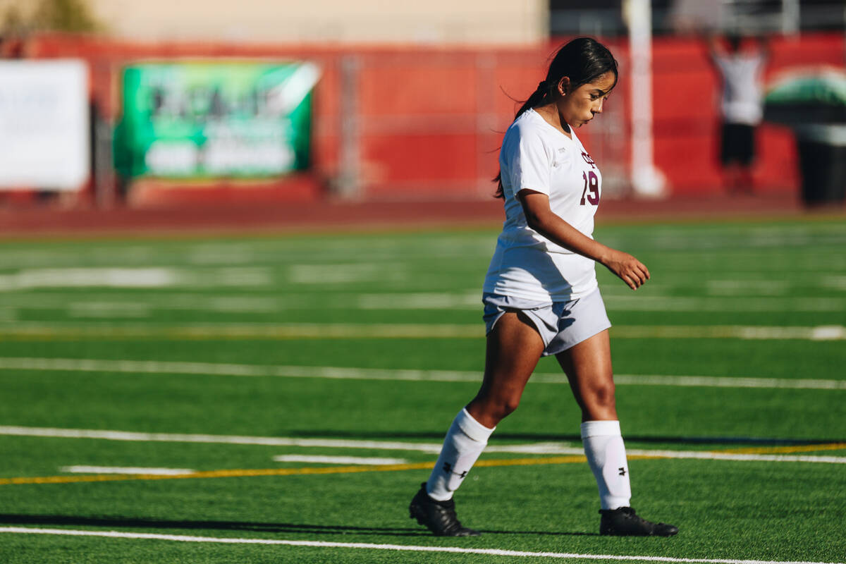 Cimarron-Memorial midfielder Ana Mendez walks off the field during halftime during a game again ...