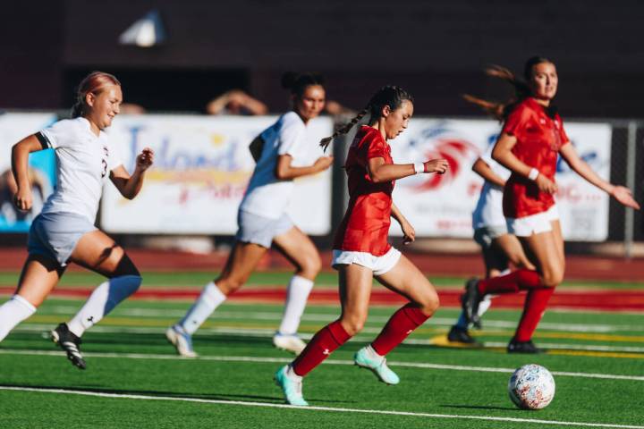 Arbor View player Sophia Sachs (4) kicks the ball down the field during a game against Cimarron ...
