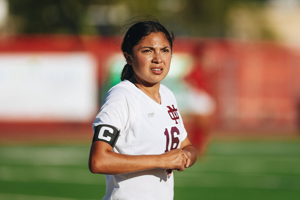 Cimarron-Memorial forward Leslie Canas looks to her coach during a game against Arbor View at A ...