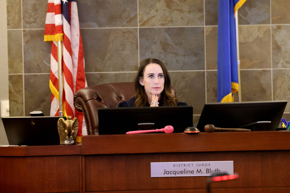 Clark County District Court Judge Jacqueline Bluth presides in court at the Regional Justice Ce ...
