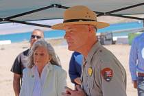 Mike Gauthier speaks to media members during a visit by Nevada lawmakers, including Rep. Dina T ...