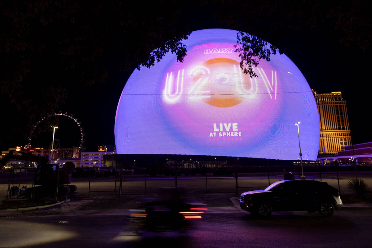 The Sphere shows an advertisement for its opening show, U2, on Tuesday, Aug. 29, 2023, in Las V ...