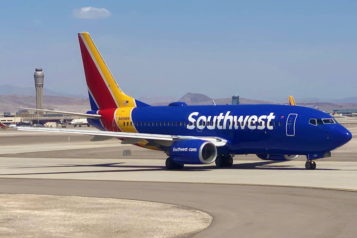 A Southwest Airlines plane taxis before take off at Harry Reid International Airport on Monday, ...