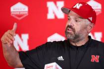 Nebraska football head coach Matt Rhule speaks during a news conference, Saturday, Aug. 12, 202 ...