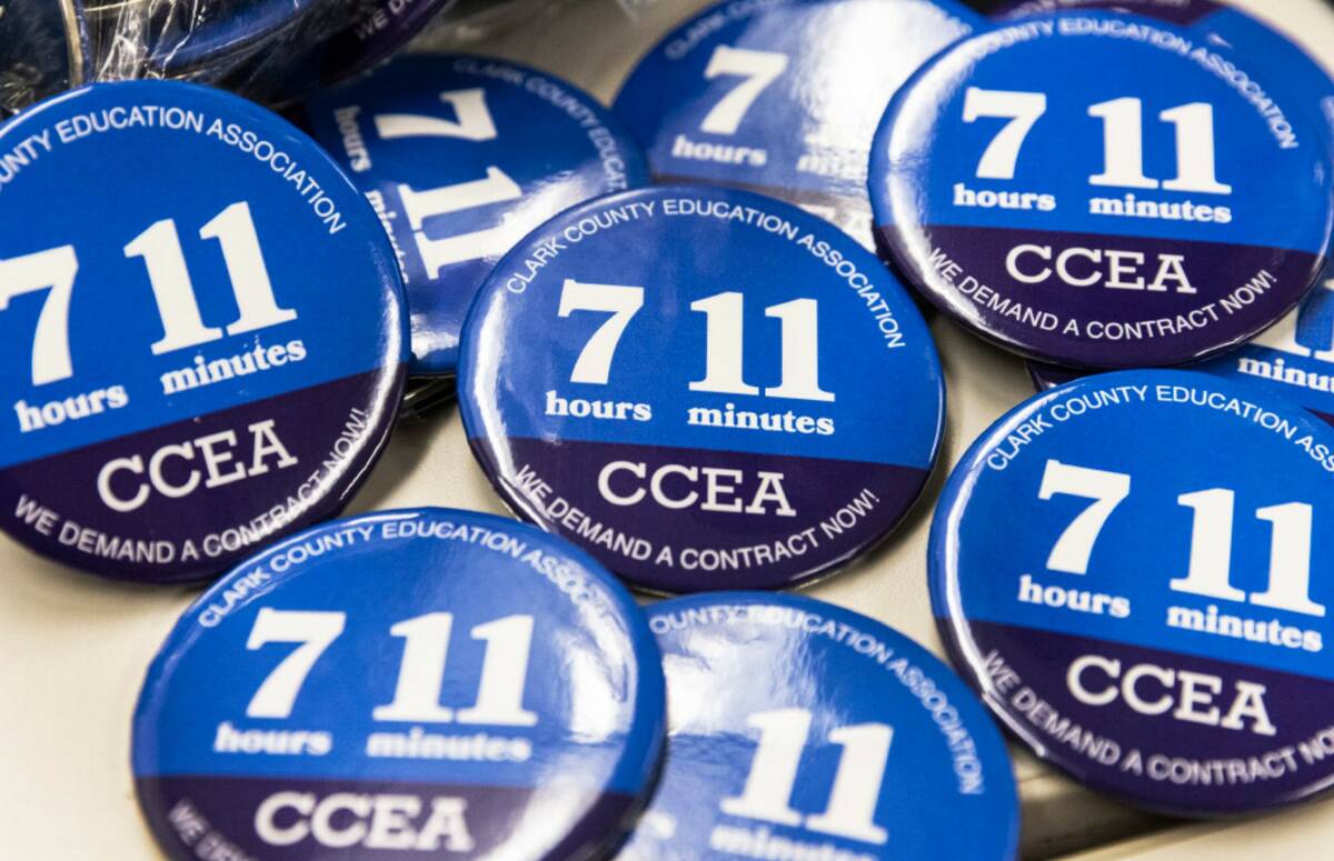 Buttons with 7-hours 11-minutes message are displayed at the Clark County Education Association ...
