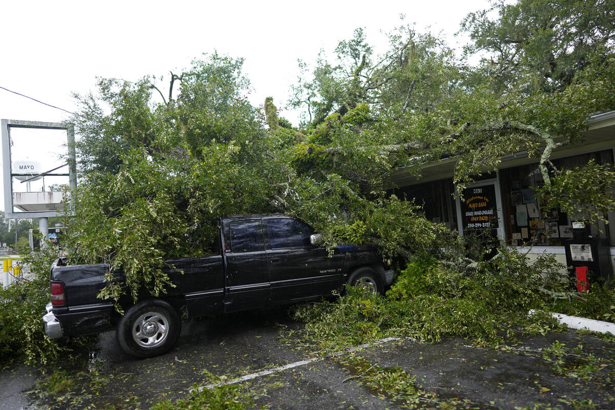 A fallen tree lies atop the Mayo Cafe and a truck parked outside in Mayo, Fla., after the passa ...
