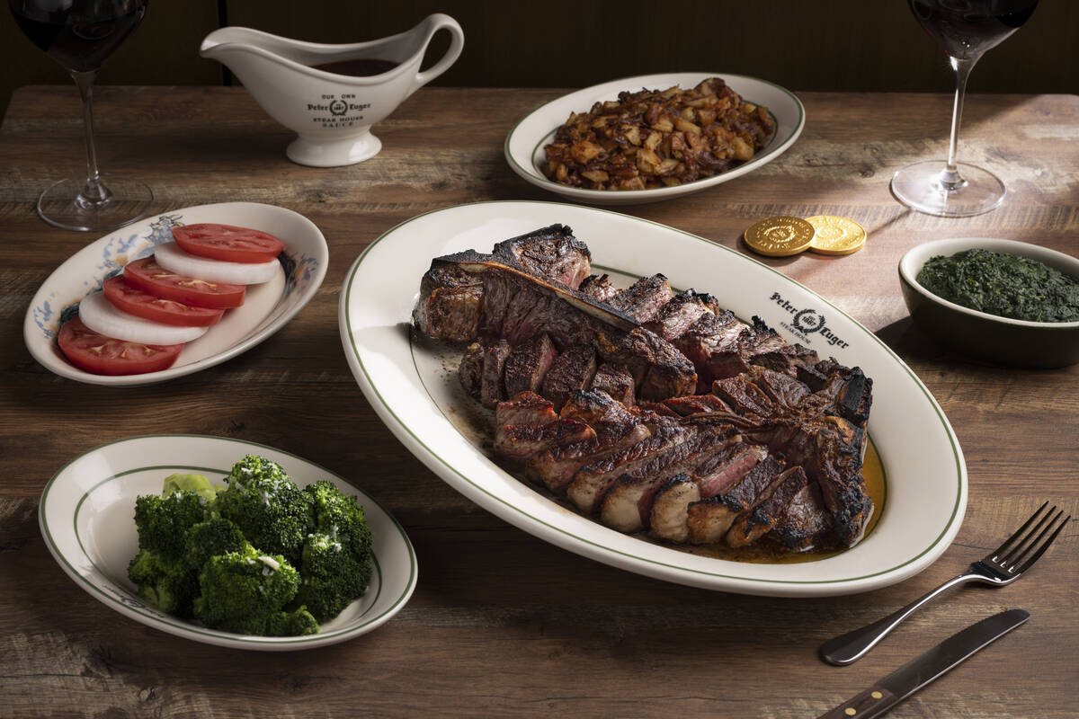 Steak and sides from Peter Luger Steak House opening Nov. 1, 2023, in Caesars Palace on the Las ...