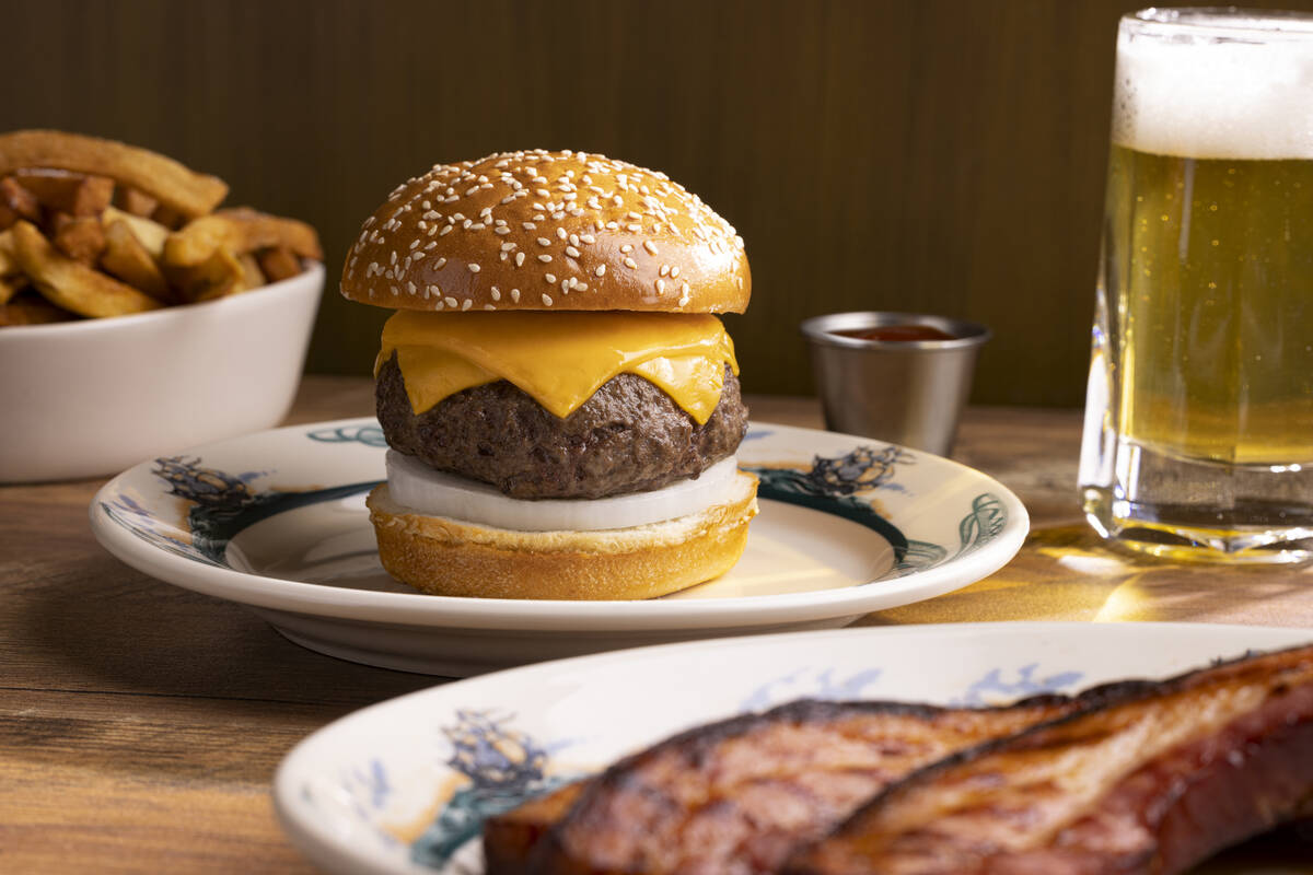 A burger from Peter Luger Steak House opening Nov. 1, 2023, in Caesars Palace on the Las Vegas ...