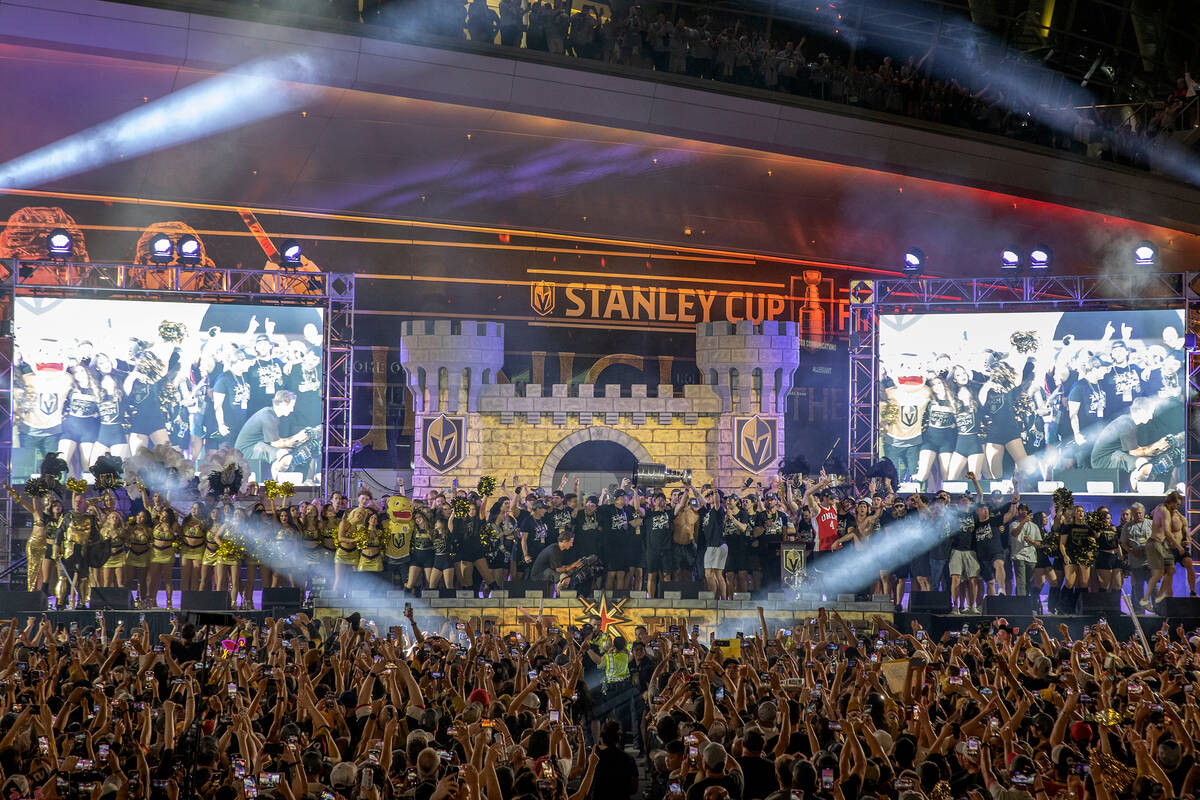 The Golden Knights celebrate their Stanley Cup Final win outside T-Mobile Arena on Saturday, Ju ...
